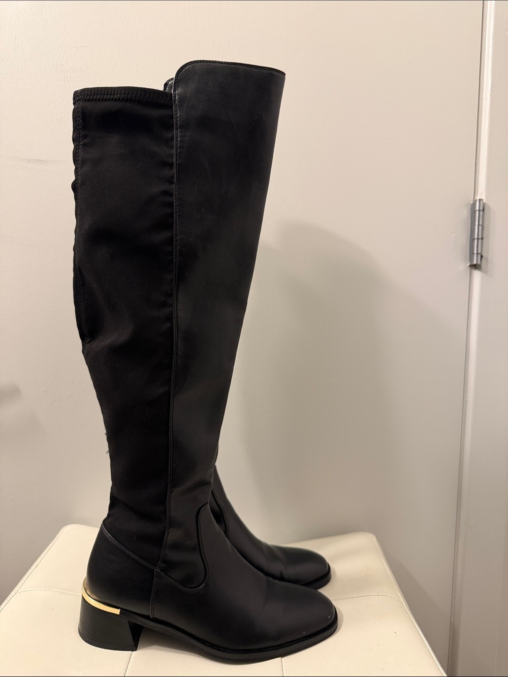 Unisa Faux Leather Tall Over the Knee Block Heel Boots w/Gold Heel Accent Sz 8